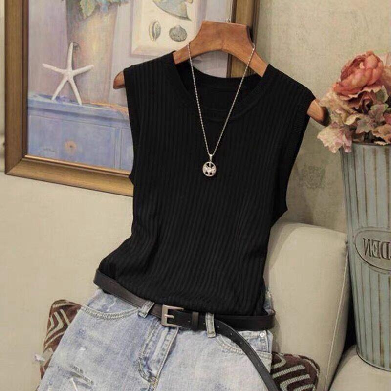 

High-end knitted sweater sleeveless T-shirt women s summer slim-fitting and thin celebrity temperament versatile top trend One size fits all чёрный