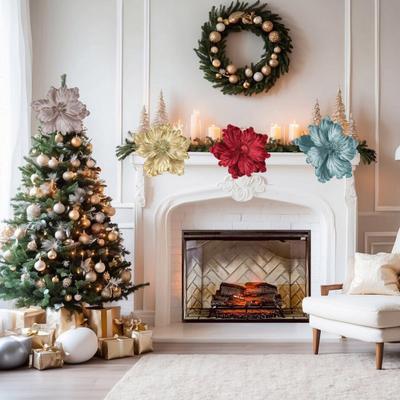 Yousheng Artificial Christmas Flowers Large Glitter Magnolia Decoration Sparkling Xmas Tree Ornaments Wreath Garland Home Party Decor DIY Crafts