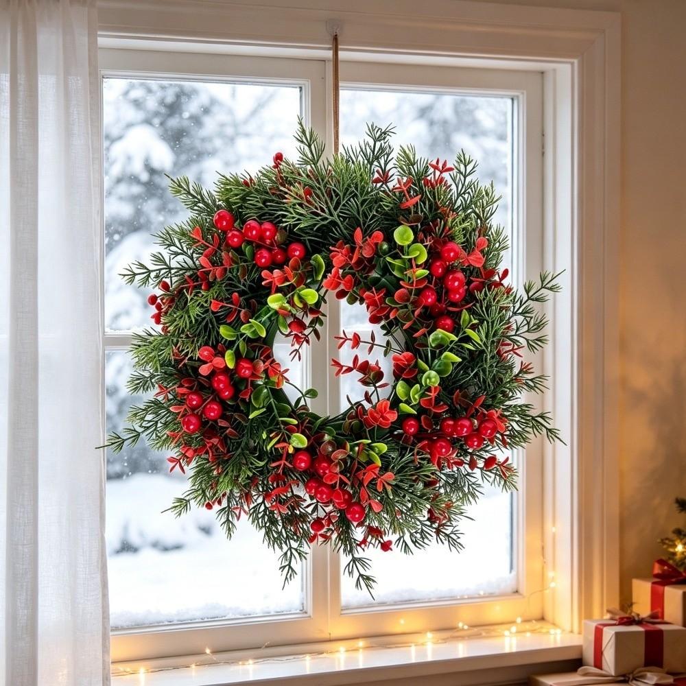 Bowknot Christmas Door Wreath Red Berries Artificial Holiday Wreath  Holiday Party Decor
