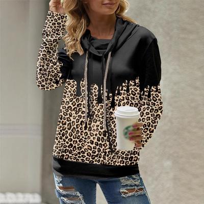 Damen Casual Leopardenmuster Langarm Stehkragen Doppelkordelzug Pullover Sweatshirt