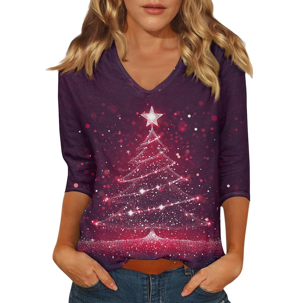 Women's Casual Fashionable Sexy Comfortable V-Neck Christmas Three-Quarter Sleeve Top