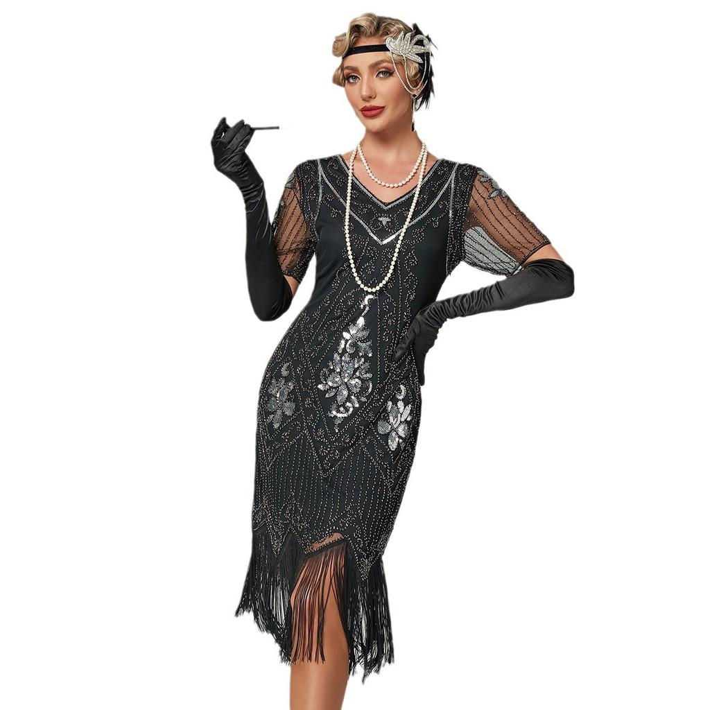 Gatsby Dress, New Hand-embroidered Beaded Sequin Skirt, European and American Banquet Dress V-neck Short-sleeved Dress
