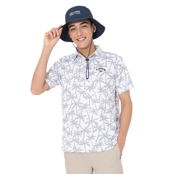 Callaway Polo Shirt C26134121 -3℃ Cool, Sweat-Wicking, UV-Cut, Palm Tree Pattern, Men s, White, 3L