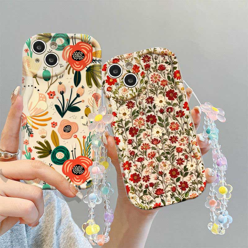 Case For Google PIXEL 9 10 PRO XL 8 7 PRO 8A 7A 5G Floral Flower Print Wrist Chain Wavy Edge Soft Cover