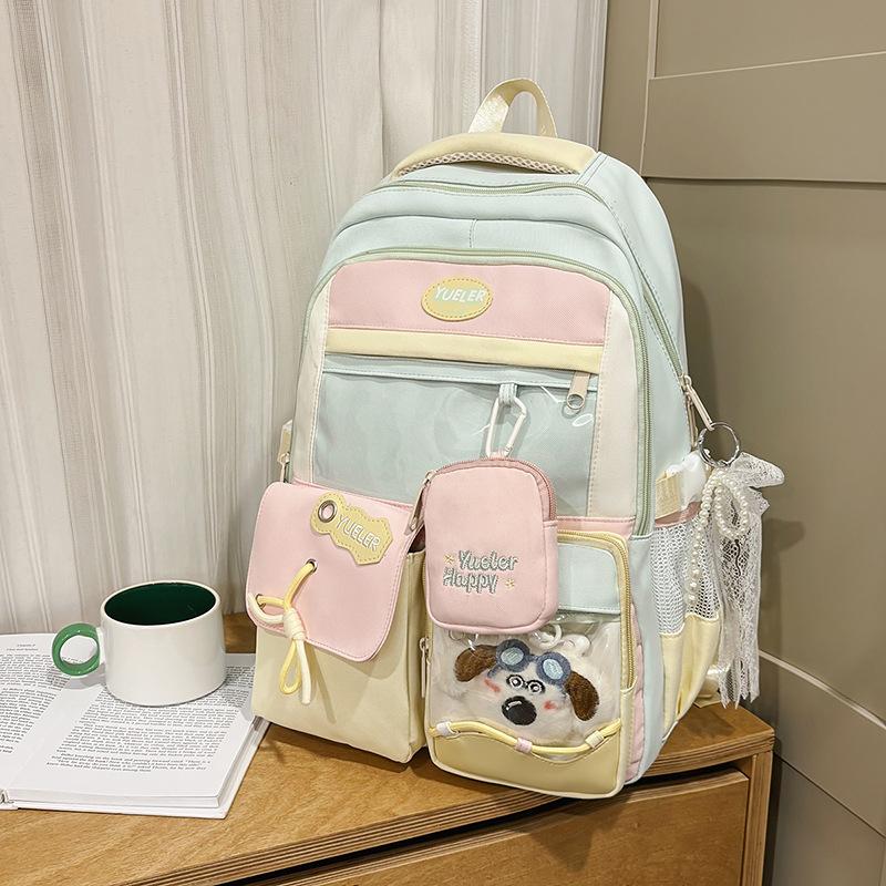 Japanese cute girl contrasting color backpack female Korean dopamine transparent color matching junior high school students large-capacity schoolbag