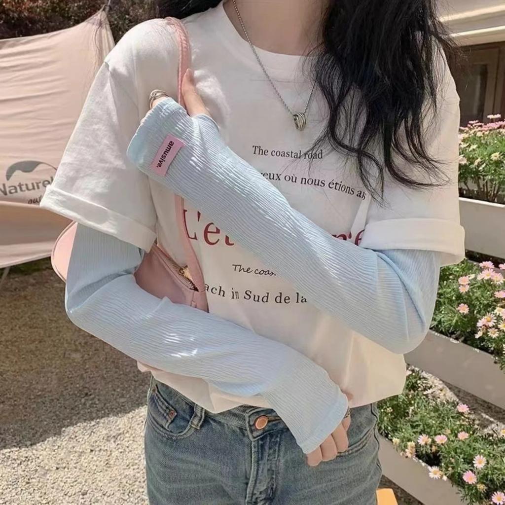 1Pair Crinkle Texture Adjustable Sleeve Covers For Women Cute Pink Label Sun Protection Arm Sleeves For Outdoor Activities