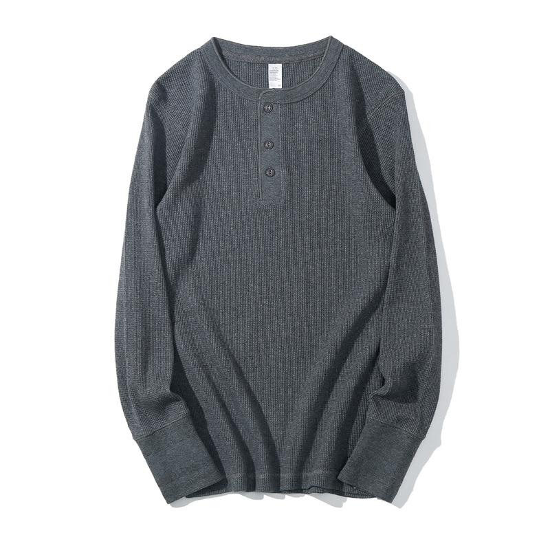 Męska koszulka z długim rękawem Henley Waflowy splot Ciężka Slim Fit Codzienna Vintage Wiosenna Warstwa bazowa Góra