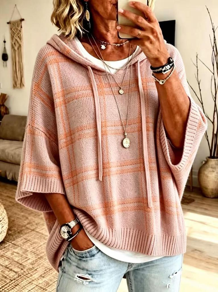 2026 European & American Women's Knit Hooded Drawstring Sweatshirt Sweater - New Style Woolen Loose Fit