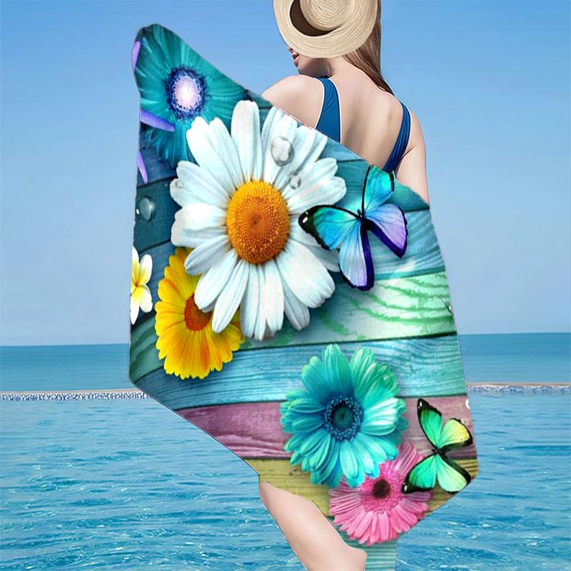 Floral Butterflies Wooden Background Beach Towel, Super Soft Microfiber, Gift for Her/Him, Birthday, for Pool, Beach, Travel, Home Decor Fan Gifts