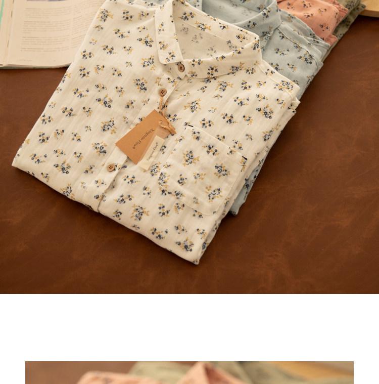 Spring Yuanbao Collar Floral Print Double Layer Gauze Cotton Shirt - Women's Loose Cotton Linen Style