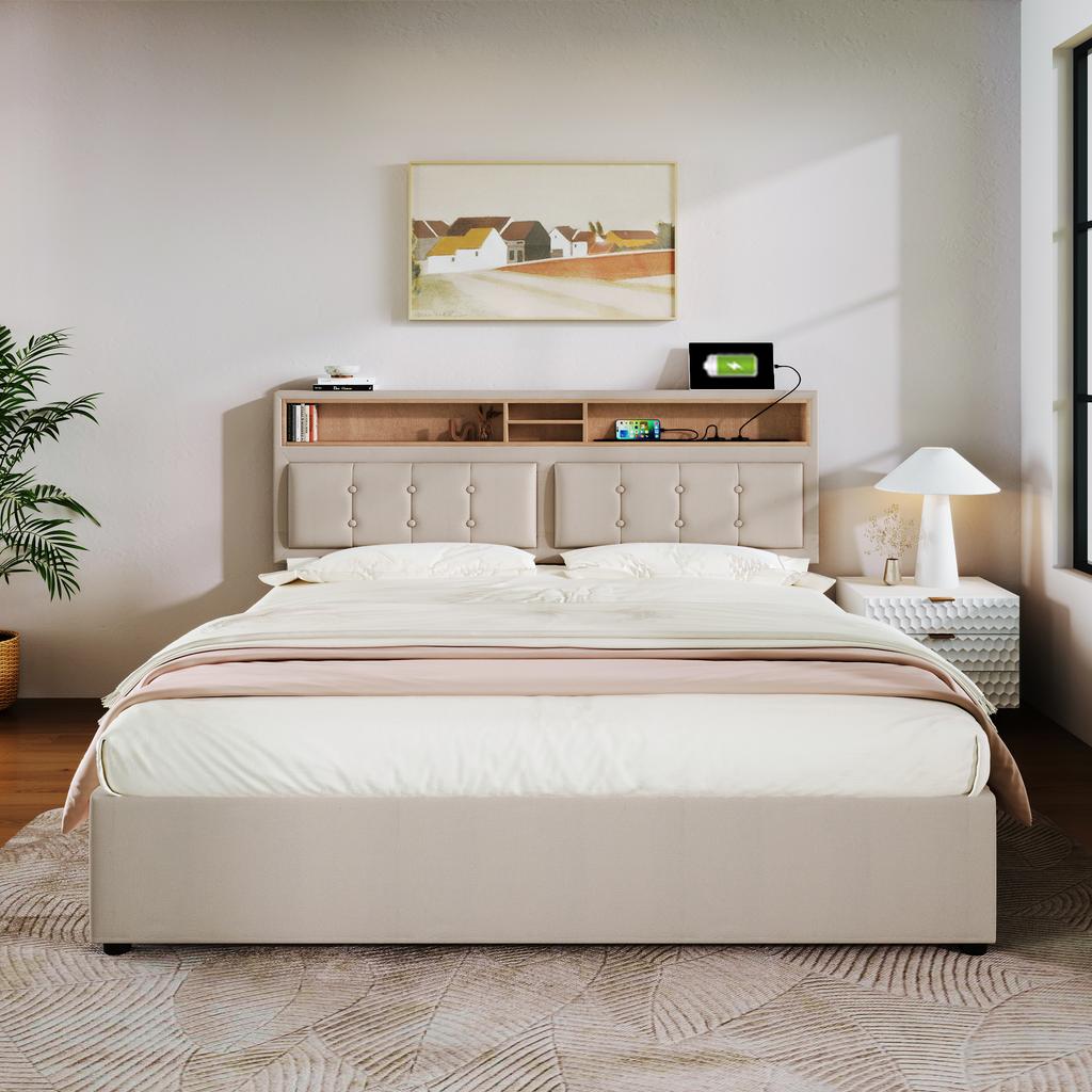 Lit Double Capitonnage avec Tête de Lit Chargeur Prise USB C, Cadre de Rangement en Tissu Lin Lit 140x200 avec Sommier à Lattes (Sans matelas)