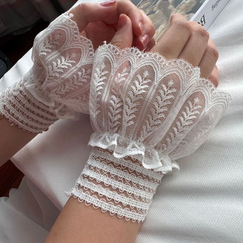 

1 Pair Versatile Elegant Fake Cuffs Embroidery Pattern Detachable Lace Sleeves Solid Color Thin False Cuffs For Women A2