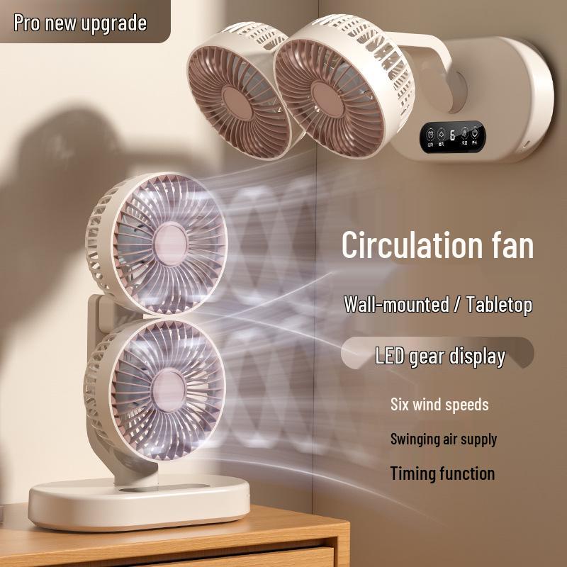 Dual-Head USB Mini Oscillating Desktop Fan with Digital Display for Home and Office