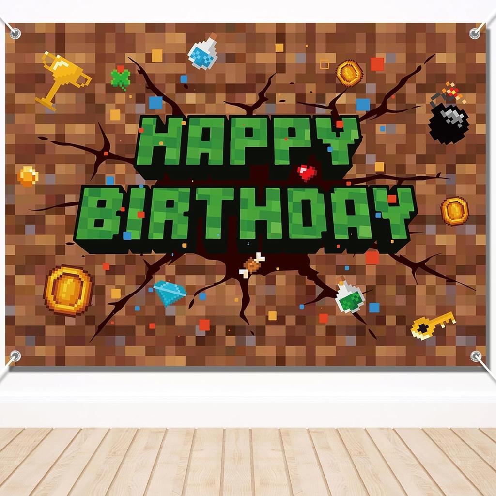 Pixel Birthday Decorations, 5x3 ft Happy Birthday Banner Backdrop for Miner TNT & Pixel Themed Celebration Kids Boys Game Party Supplies