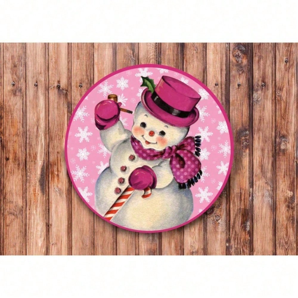 Vintage Metal Wreath Sign, Pink Snowman Christmas Wall Art, Halloween Home Decor for Living Room