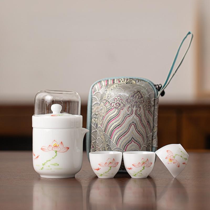

Ice Seed Jade Porcelain Hand-Painted Travel Tea Set 1Pot 3Cups Portable Kuaike Cup Office Outdoor Camping Tea Maker Tea Ceremony Four-piece Set