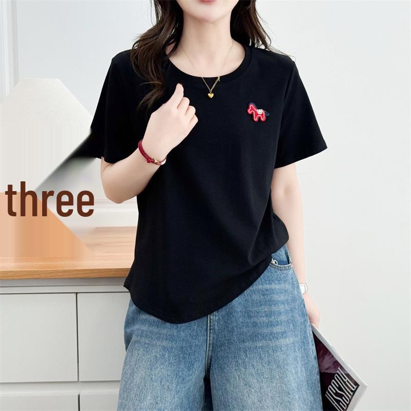 2026 Plus Size Women's Casual Round Neck Short Sleeve T-shirt with Little Horse Patchwork