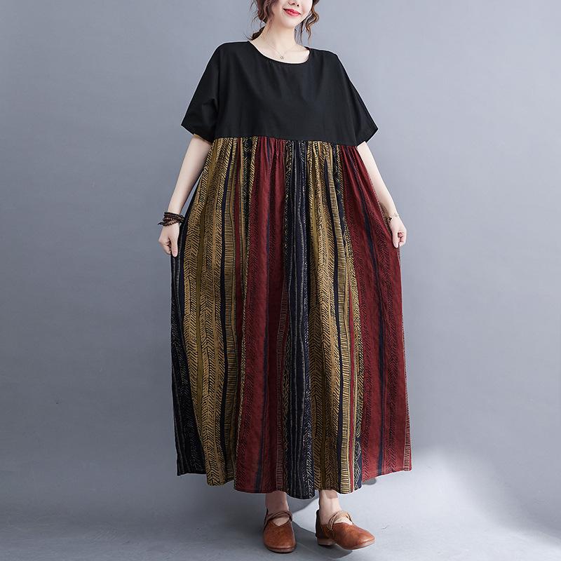 2026 Summer Plus Size Cotton Linen Floral Short Sleeve Maxi Dress One Size