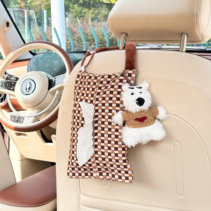 Cute Cartoon Checkerboard Backseat Hanging Car Tissue Box Creative Auto Decoration