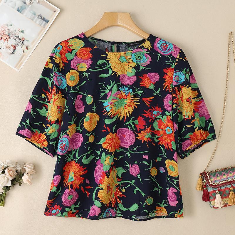 ZANZEA Damen Lässige Rundhals 3/4-Ärmel Bluse mit Blumendruck