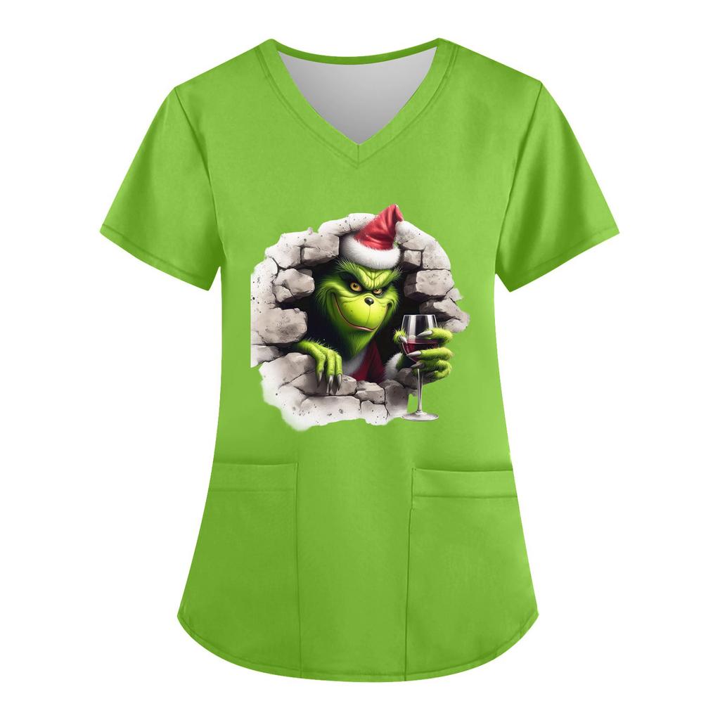 Women's V-neck Christmas Print Short-sleeved Pocket Side Slit Uniform Top