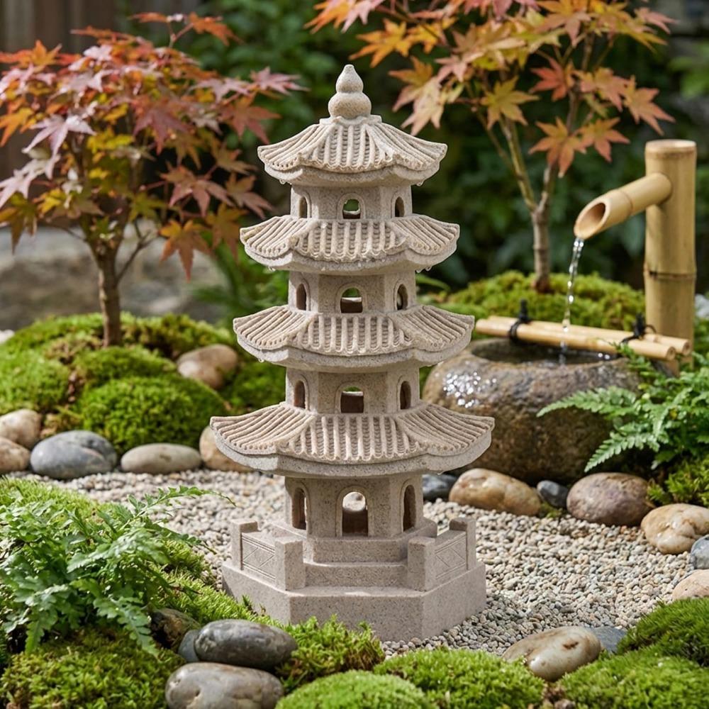 Pagoden Gartenstatue Solarbetriebene Pagodenlaterne Harz Außen Zen Japanische Gartendekoration für Balkon, Terrasse, Veranda, Hof 11,4x4,7x4,7 Zoll Khaki
