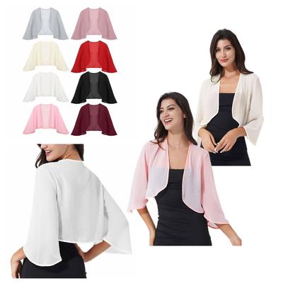 Bolero feminino de chiffon com ombros abertos e manga 3/4 cardigã cortado para festa de casamento