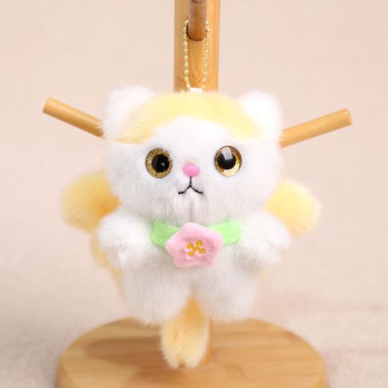 Cute Elf Cat Plush Doll Pendant Keychain Soft Skin-Friendly Plush with Wings And Floral Accent Portable Bag Charm Gift for Kids Cat Lovers