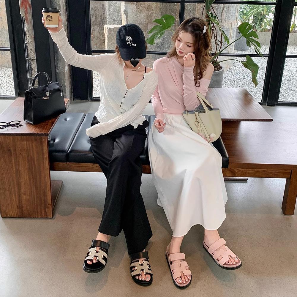 Su Yinyin Same Spot Sandals Women's Fashion~ Velcro Casual Thick-soled H-shaped Second Uncle Slippers Women's Sandals Outside