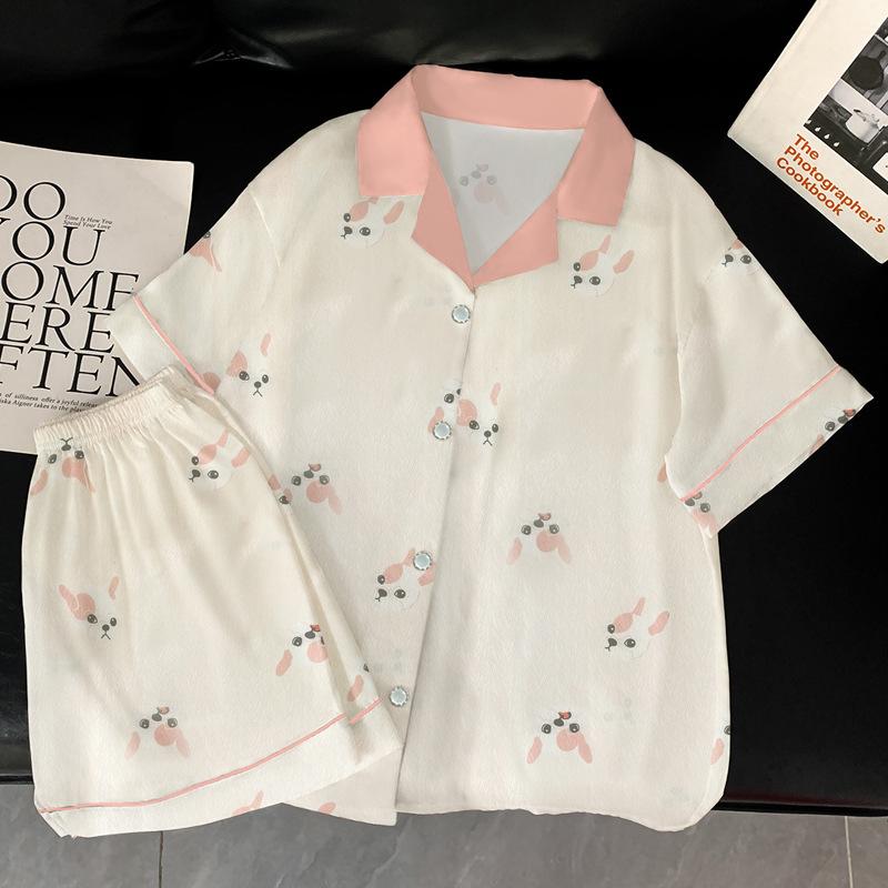 French Fighting Dog Ice Silk Pajamas Women'S Summer Short-Sleeved Suit High-End Loungewear Can Be Worn Outside