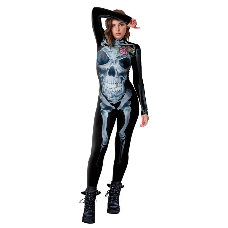 Halloween Costume onesie Women's Clothing Halloween Haunted House Skull Head Print onesie Show Tights Women