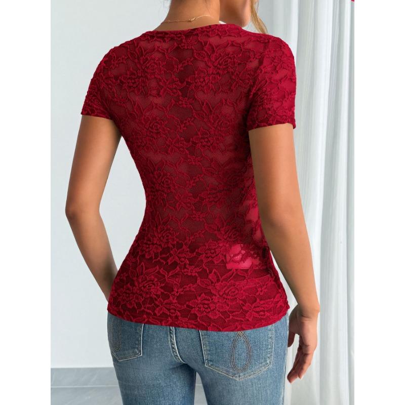 Women S Sexy Lace V Neck Short Sleeve Top