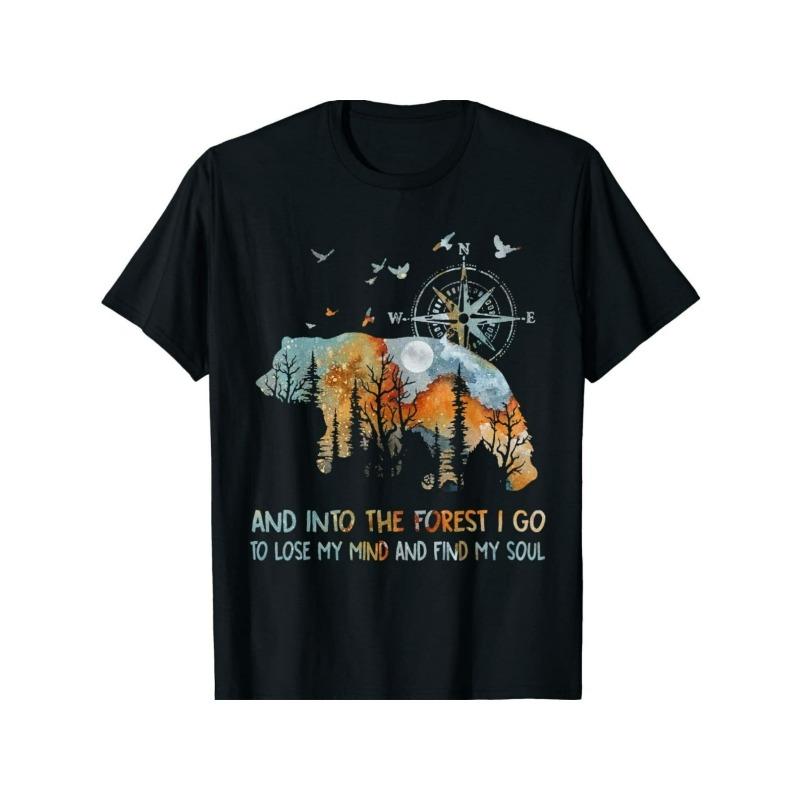 

European sizes 1pc Men S Casual Outdoor Adventure Graphic T-Shirt - Bear & Compass Print with Into the Forest Lettering, Loose Fit Stretch Fabric 4XL чорний