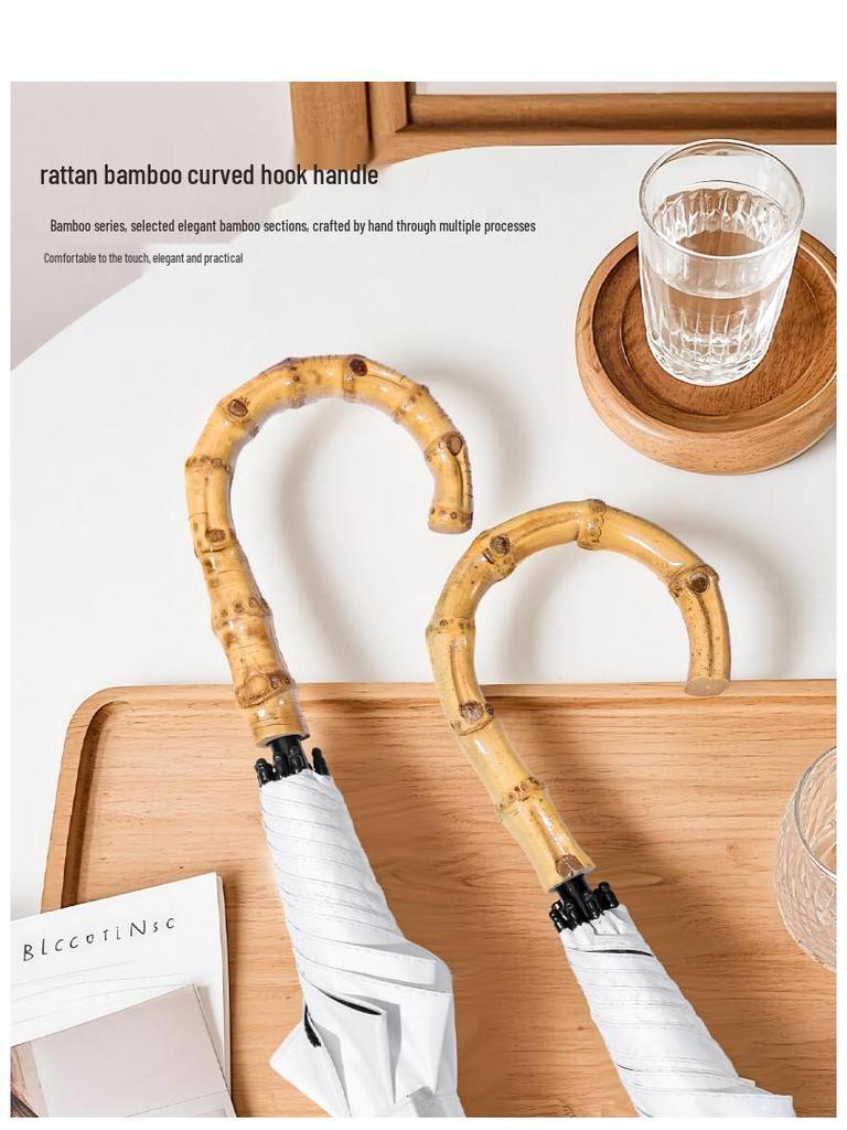 Dual-Use Ultra-Light Bamboo Handle Folding Umbrella - Rain or Shine, UV Protection, Curved Handle.