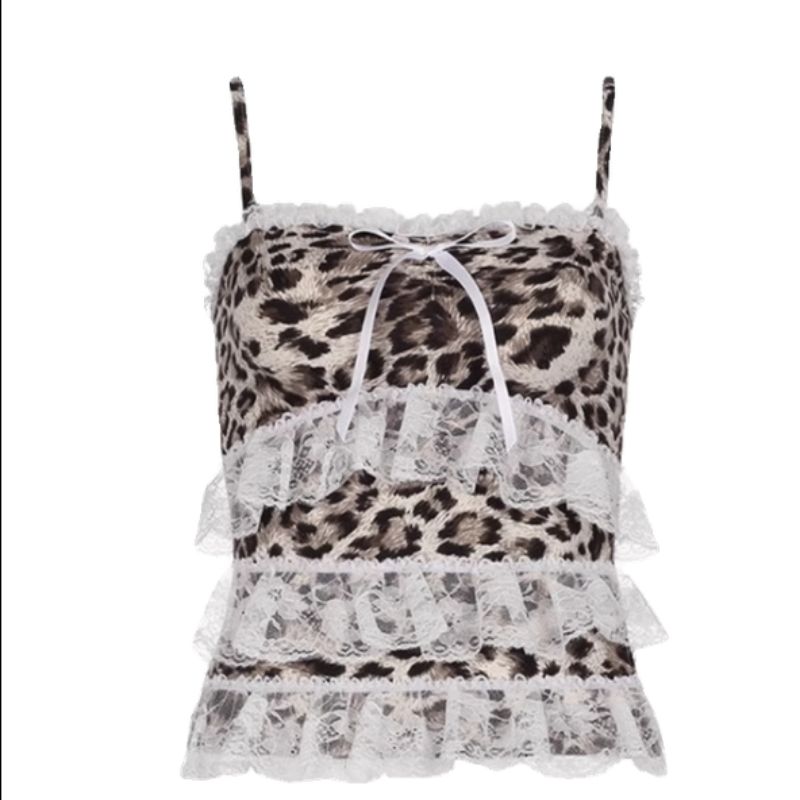 

Европейский и американский сексуальный леопардовый принт кружевная вставка майка на бретелях банты облегающий силуэт утягивающий топ субкультура нижнее белье White sling S