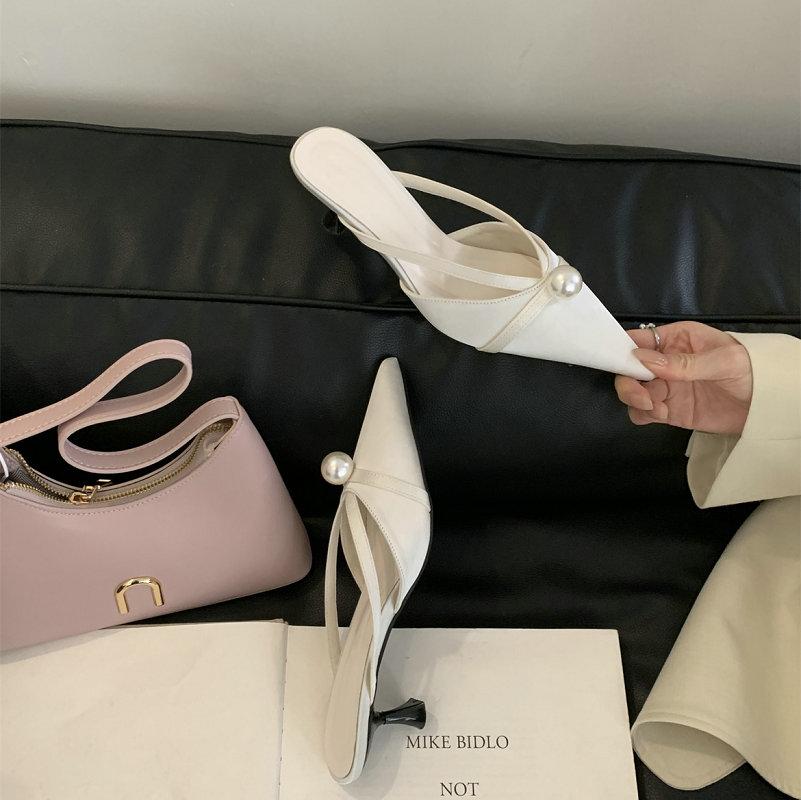 

Fashion French Pointed Baotou Half Slippers Female 2025 Spring New Wear Temperament Pearl Thin Heel Soft Soled Moqin Shoes 35 белый