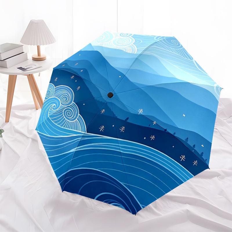 1pc Ocean Waves Automatic Open/Close Umbrella with One-Touch Button, Compact Folding Canopy, Sturdy 8-Rib Windproof Design