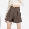 2024 Autumn/Winter Women's High Waist V-Shape PU Leather A-Line Shorts - Korean Style Casual Slimming Wide-Leg Booty Shorts