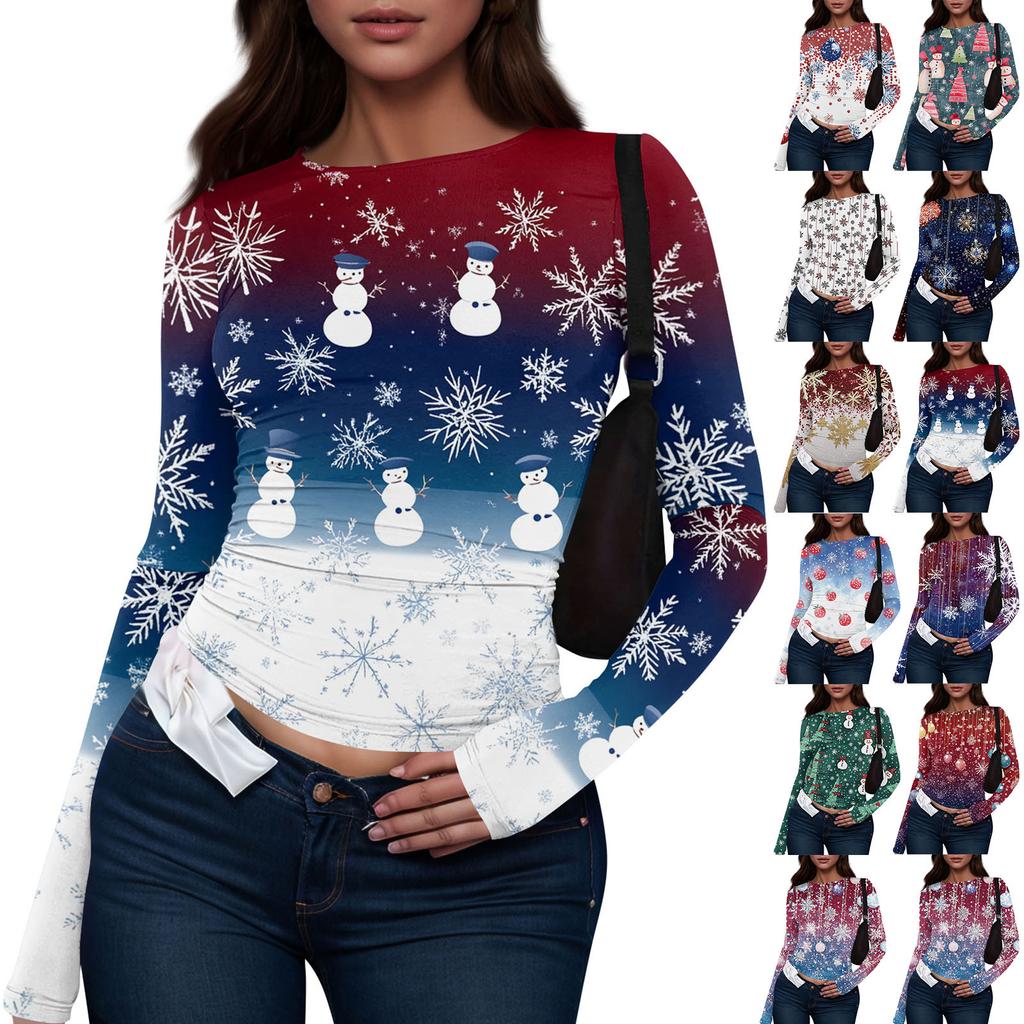 Mote Casual Dame Rund Hals Juleprint Langermet T-skjorte Topp