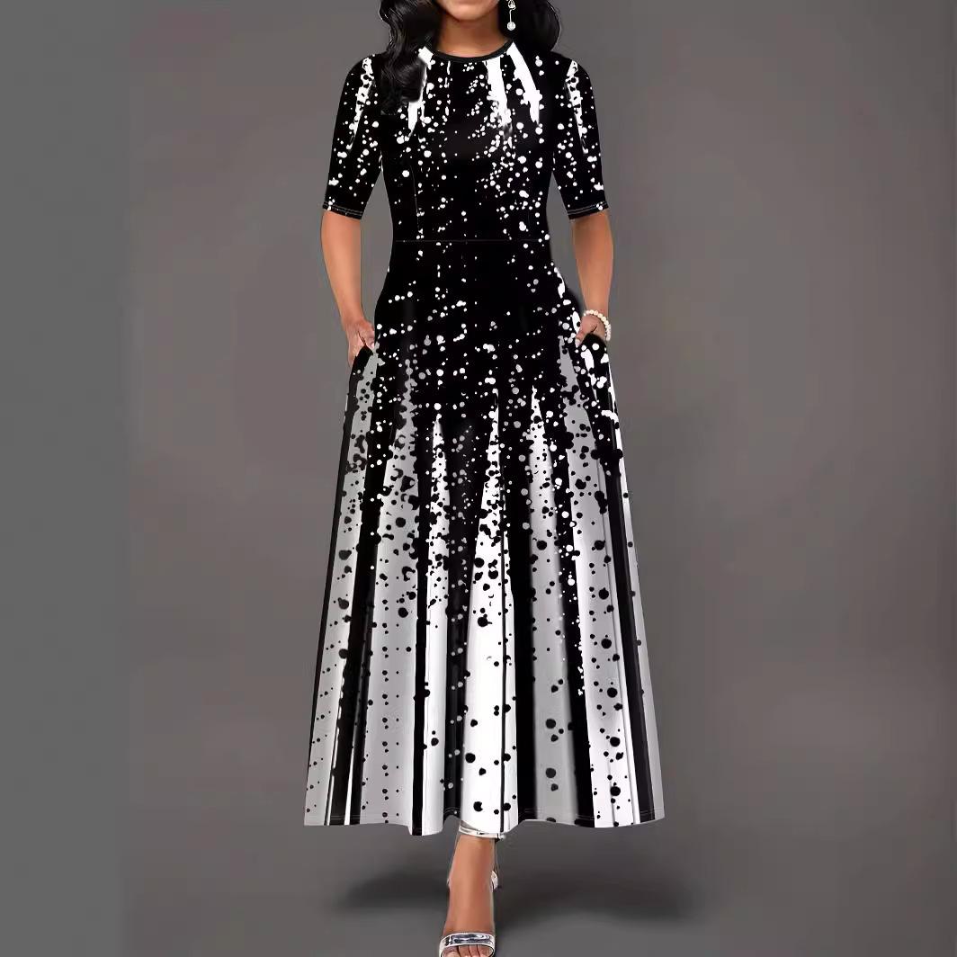 

Жіночий пуловер з круглим вирізом та серединою талії, пуловер з великим подолом, короткий рукав, сукня до щиколотки S чорний