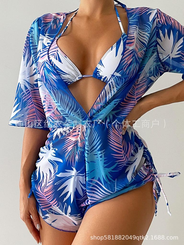 Swimsuit Beach Sunscreen Tropical Plant Printed Blouse Swimsuit Women's Three-piece Neck Bikini
