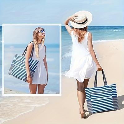 Strandtasche für Damen Nylon Segeltuch Modische Handtasche Faltbar Reißverschluss Gestreift Große Kapazität Einkaufs-Reise-Taschen Strandurlaubstasche