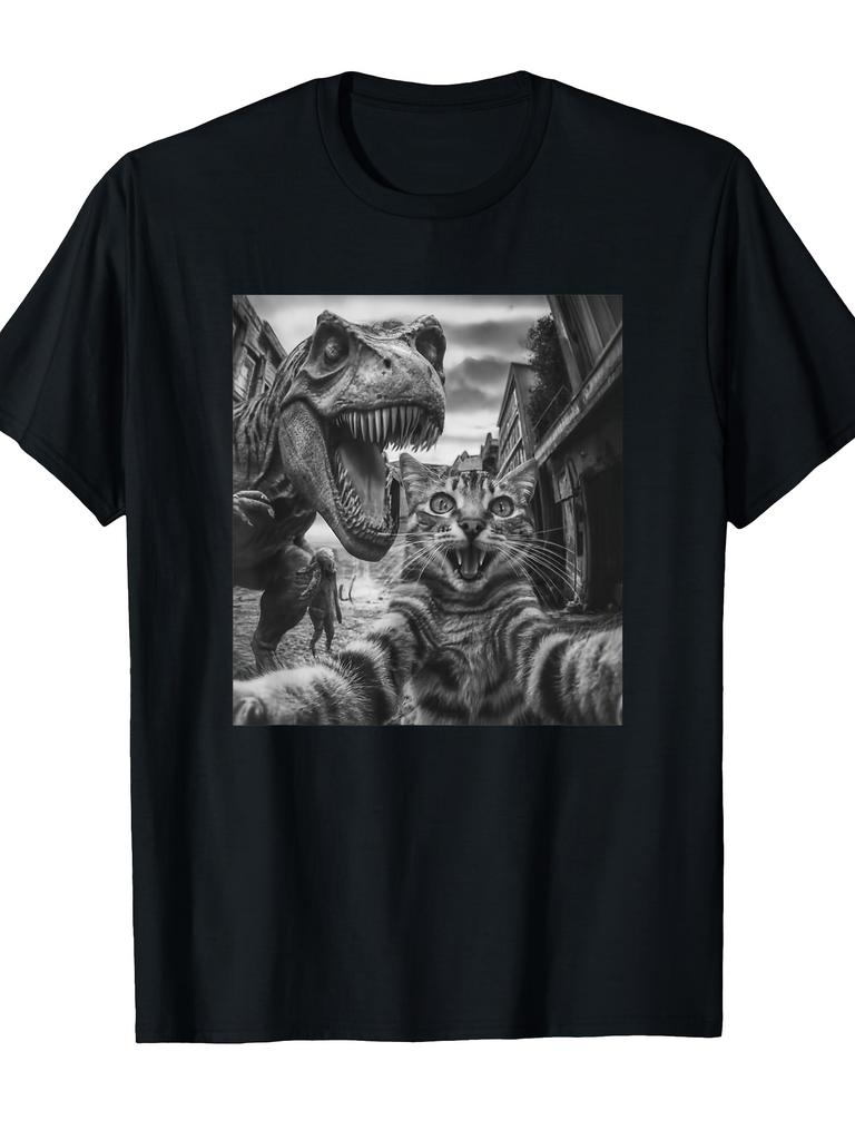 Cat T Rex Dinosaur Selfie Funny Retro Classic Photo TShirt Bold Design Dinosaur Print Retro Style Lightweight And Comfortabl