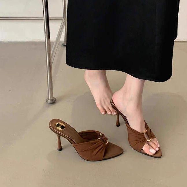 Folded fashion metal buckle pointed toe sandals sexy stiletto women's shoes 2025 summer new stiletto high heels