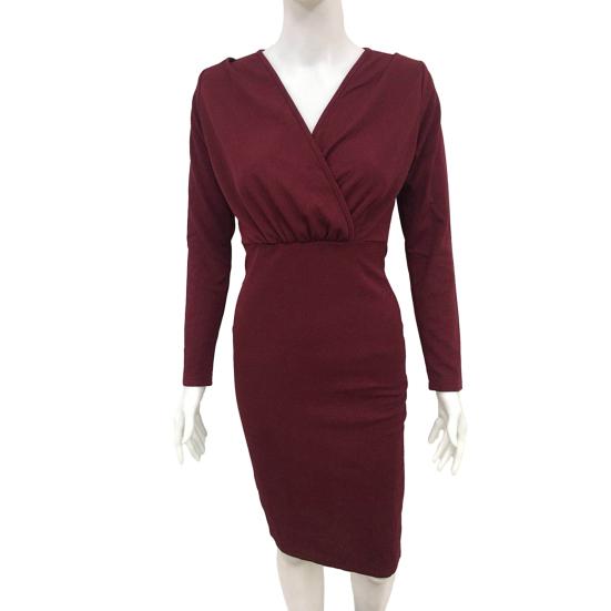Mote Dame Ensfarget Langermet Cross V-hals Bodycon Bankett Midi-kjole