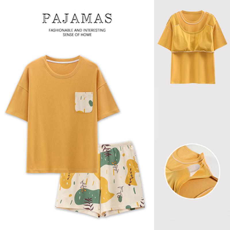 

Pajamas Women s Summer Pure Cotton Short Sleeve Suit With Chest Pad