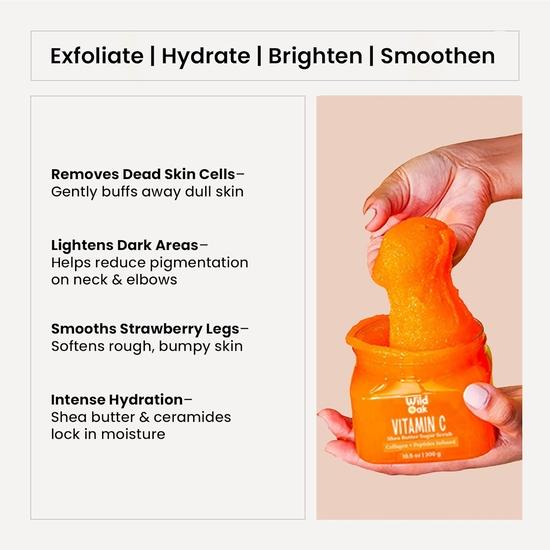 WildOak Vitamin C Sugar Body Scrub | 300g | Kojic Acid, Hyaluronic Acid, Ceramides, Collagen & Peptides | De-Tan & Brightens Dark Areas