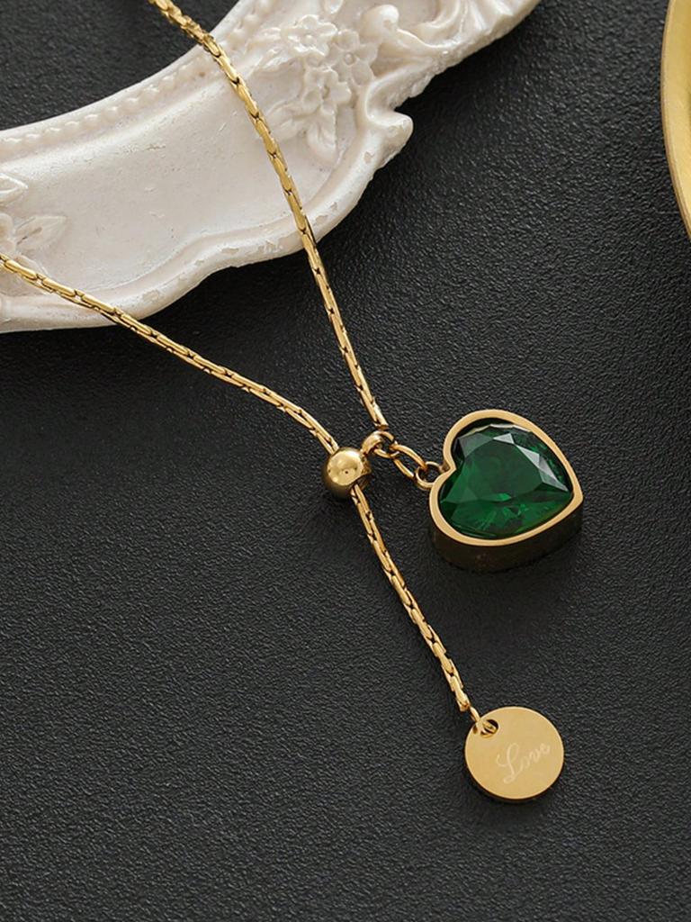 Stainless Steel Emerald Diamond Heart Shape Titanium Steel Adjustable Necklace For Women,  Suitable For Daily Wear And Gifts