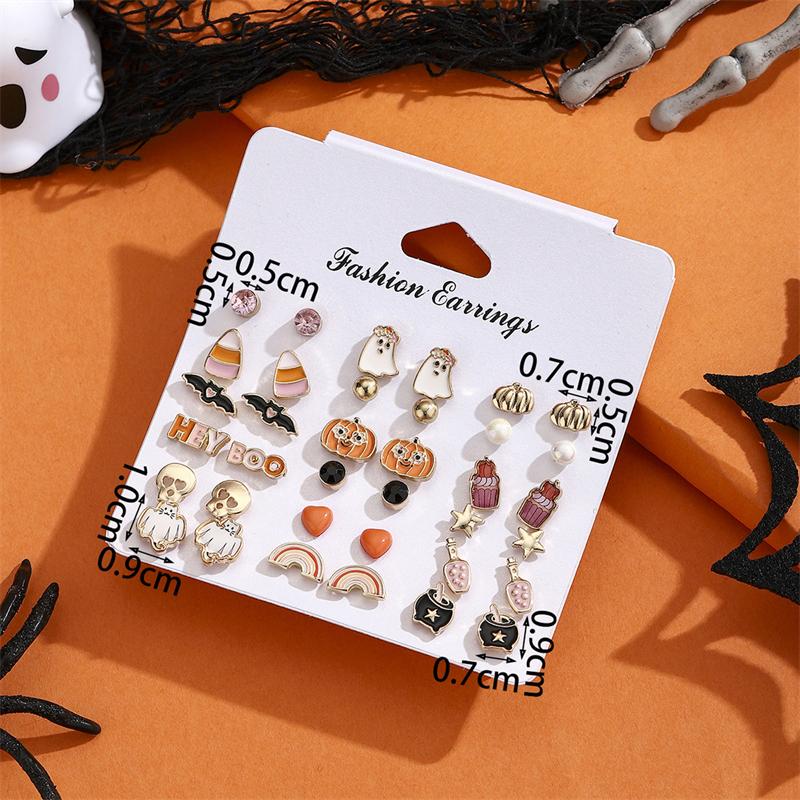 18 Pairs Mix Style Halloween Funny Earrings Set for Women Cute Ghost Skull Pumpkin Bat Pearl Stud Earrings Girls Party Jewelry