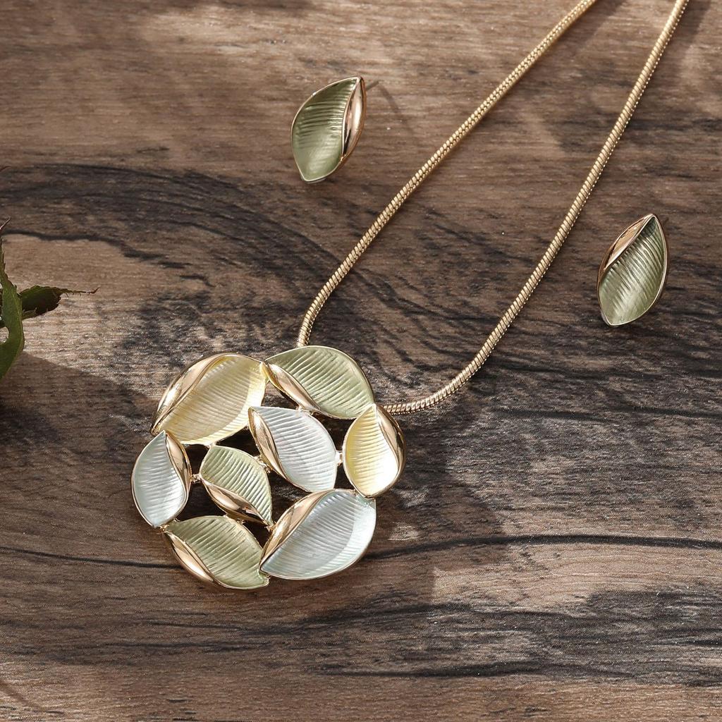 New Color Painting Oil Round Hollow Petal Stud Earrings Pendant Set Summer Versatile Women's Petal Necklace